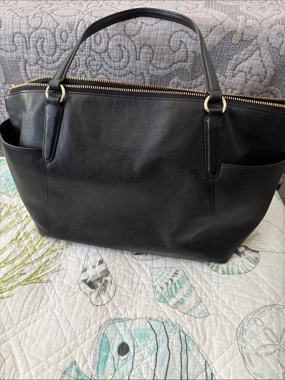 Coach Black Leather Tote/Diaper Bag with Gold-Tone Logo